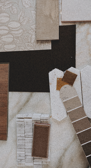 Flatlay of paint swatches, materials, and tile